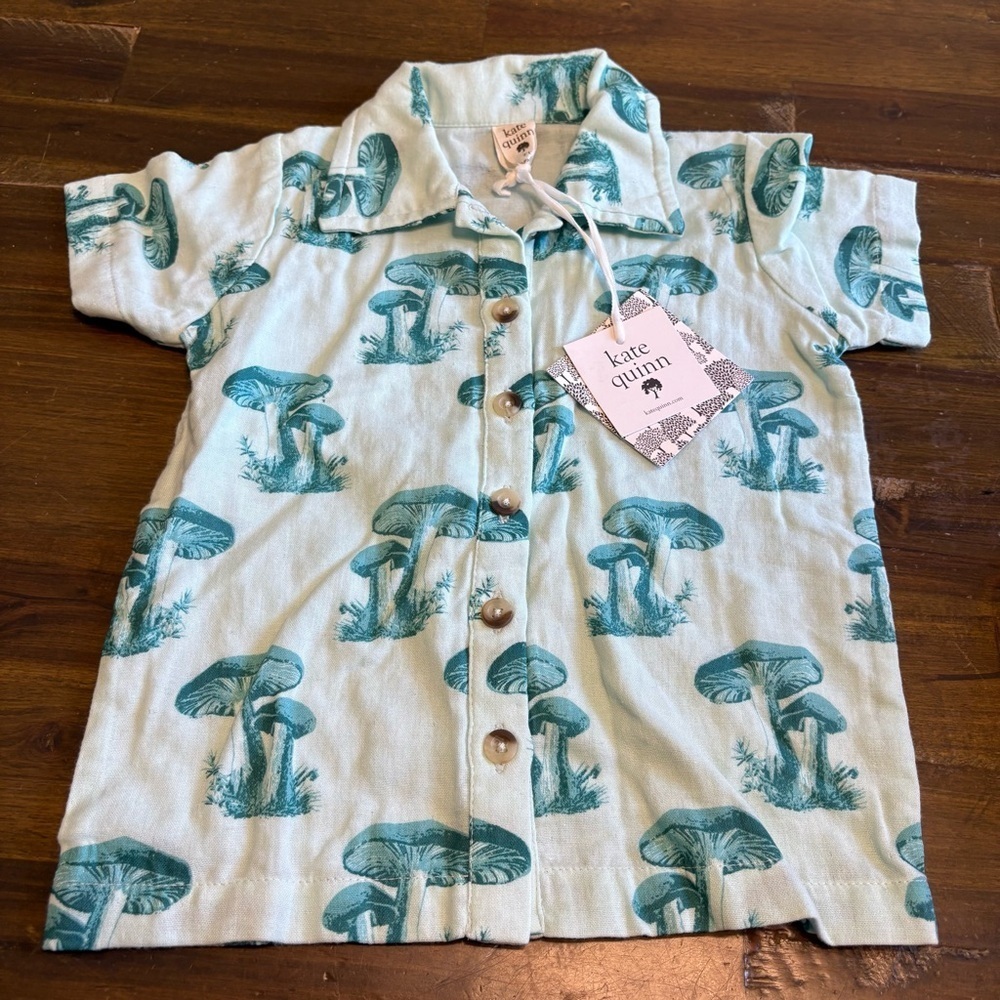Kate Quinn Boys Casual Button Down Shirt Short Sleeve Mushroom Novelty Teal